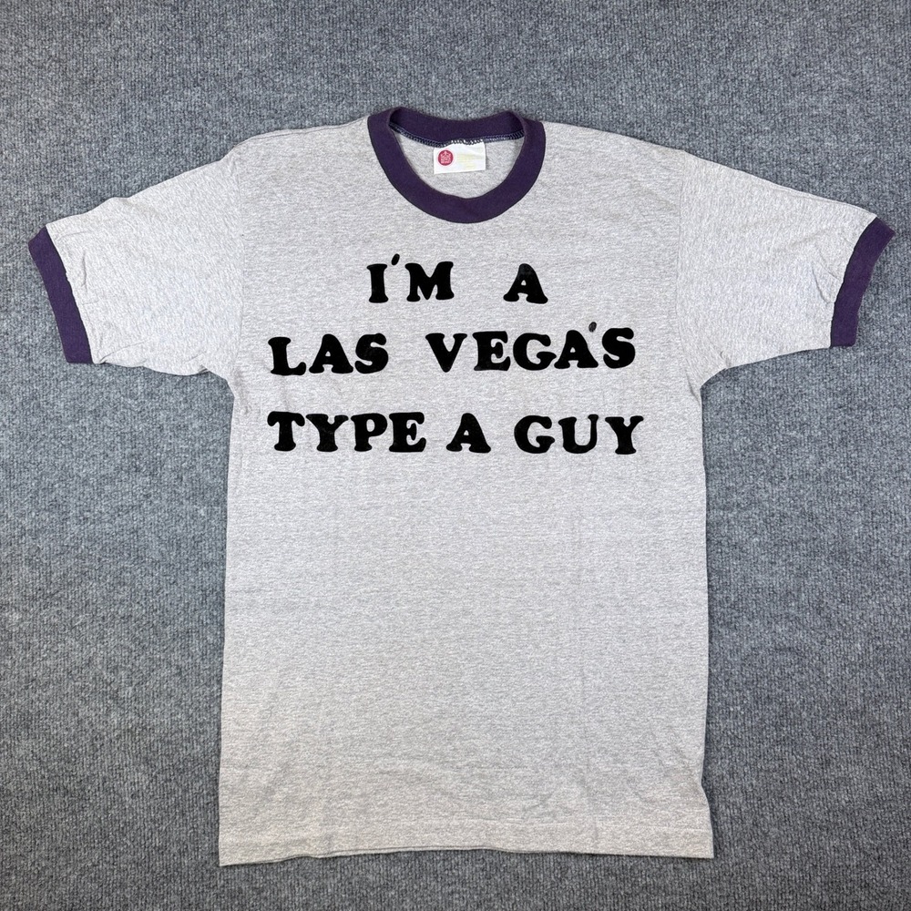 VTG 60s Kings Road Sears T Shirt Mens M Las Vegas Ringer Flock Print USA Made